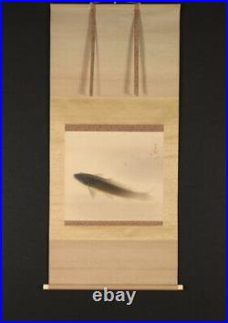 JAPANESE PAINTING HANGING SCROLL JAPAN CARP VINTAGE ANTIQUE PICTURE AGED d375