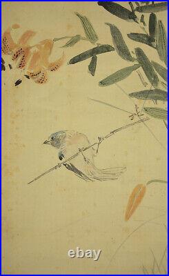 JAPANESE PAINTING HANGING SCROLL Japan lily BIRD ANTIQUE VINTAGE PICTURE d298