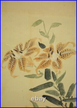 JAPANESE PAINTING HANGING SCROLL Japan lily BIRD ANTIQUE VINTAGE PICTURE d298