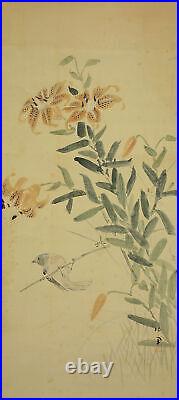 JAPANESE PAINTING HANGING SCROLL Japan lily BIRD ANTIQUE VINTAGE PICTURE d298