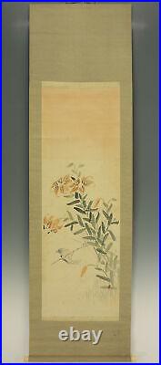 JAPANESE PAINTING HANGING SCROLL Japan lily BIRD ANTIQUE VINTAGE PICTURE d298