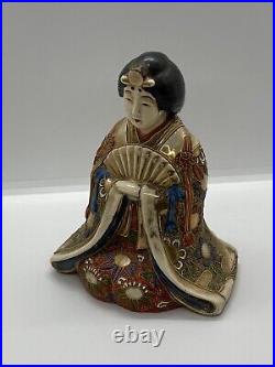 Japanese Antique Vintage Geisha & Fan Satsuma Gilded Figurine Figural 18x14.5cm