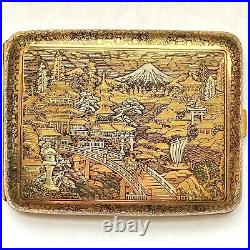 Japanese Damascene Vintage Intricate Metal Cigarette Case with Dragon and Mt. Fuji