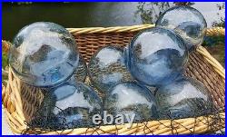 Japanese GLASS Fishing FLOATS 3-3.5 LOT-9 TRUE BLUE Buoy BALLS Authentic Vntg