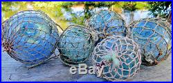 Japanese Glass Floats ANTIQUE NETTED (3) 3 & (2) 2 Fishing Balls Vintage