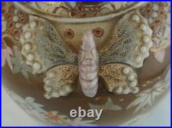 Japanese Satsuma Pottery Vintage Baluster Vase Applied Butterflies Signed