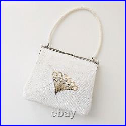 Japanese Vintage Beaded Evening Bag White, Gold Peacock feather Pattern 7x5 inch