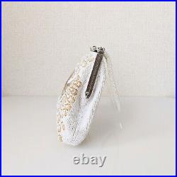 Japanese Vintage Beaded Evening Bag White, Gold Peacock feather Pattern 7x5 inch