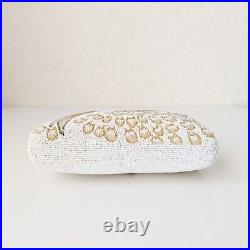 Japanese Vintage Beaded Evening Bag White, Gold Peacock feather Pattern 7x5 inch