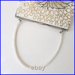 Japanese Vintage Beaded Evening Bag White, Gold Peacock feather Pattern 7x5 inch