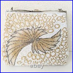 Japanese Vintage Beaded Evening Bag White, Gold Peacock feather Pattern 7x5 inch