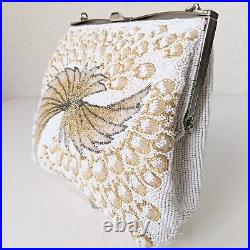 Japanese Vintage Beaded Evening Bag White, Gold Peacock feather Pattern 7x5 inch