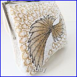 Japanese Vintage Beaded Evening Bag White, Gold Peacock feather Pattern 7x5 inch