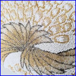 Japanese Vintage Beaded Evening Bag White, Gold Peacock feather Pattern 7x5 inch