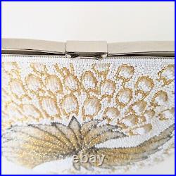 Japanese Vintage Beaded Evening Bag White, Gold Peacock feather Pattern 7x5 inch