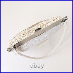 Japanese Vintage Beaded Evening Bag White, Gold Peacock feather Pattern 7x5 inch