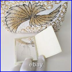 Japanese Vintage Beaded Evening Bag White, Gold Peacock feather Pattern 7x5 inch