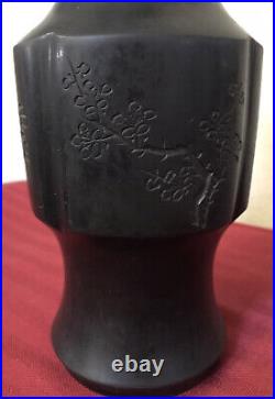 Japanese Vintage Flower & Writing Etched Ceramic Clay Vase Signed 10