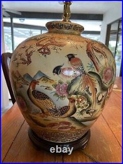 Large Porcelain Vintage Royal Satsuma Lamp with Wood Base hand painted