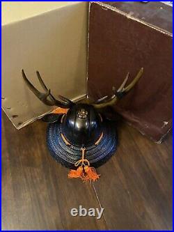 Large Vintage Samurai Helmet'Kabuto' Antlers Kyugetsu Co. Original Box