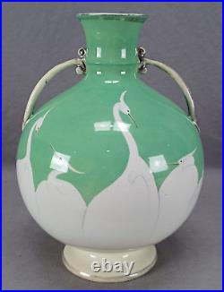 Nippon Hand Painted Egrets Green & Platinum Vase Circa 1891-1921