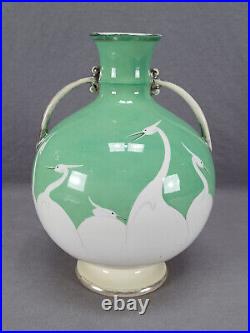 Nippon Hand Painted Egrets Green & Platinum Vase Circa 1891-1921