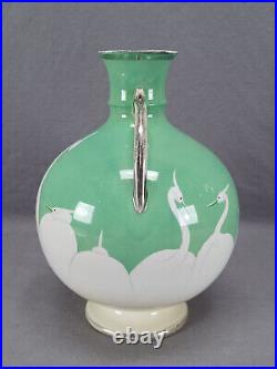 Nippon Hand Painted Egrets Green & Platinum Vase Circa 1891-1921