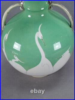 Nippon Hand Painted Egrets Green & Platinum Vase Circa 1891-1921