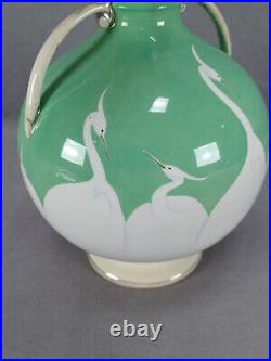 Nippon Hand Painted Egrets Green & Platinum Vase Circa 1891-1921