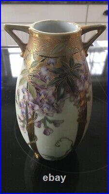 Nippon VINTAGE WISTERIA VASE with Gold Gilt Trim & Handles Medium size