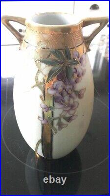 Nippon VINTAGE WISTERIA VASE with Gold Gilt Trim & Handles Medium size