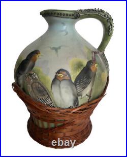 Nippon Vase Jug Moriage Hand Painted Bird Swallows with Basket Liner Rare Vtg
