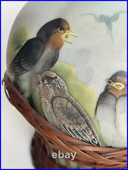 Nippon Vase Jug Moriage Hand Painted Bird Swallows with Basket Liner Rare Vtg