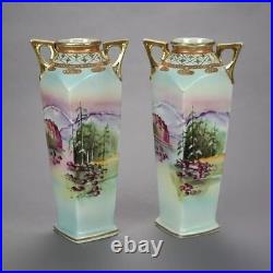 Pair Of Vintage Antique Nippon Hand Painted Porcelain 12 Scenic Decorated Vases