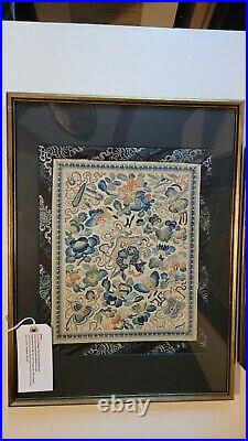 Pair of Antique Qing 19th century Chinese silk embroidered panels framed