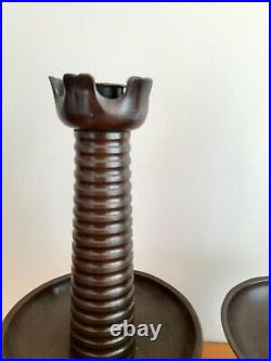 Pair of Large Vintage Japan Buddhist Candle Holder Stands Patinated Bronze 12