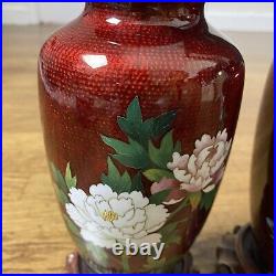 Pair of Vintage Japan Ginbari Cloisonne Vases Blood Red Enamel Flower Japanese