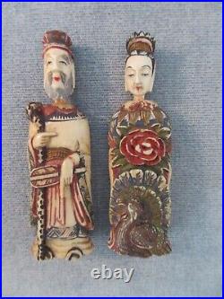 Pair vintage antique figural CARVED SNUFF BOTTLES JAPAN man and woman couple
