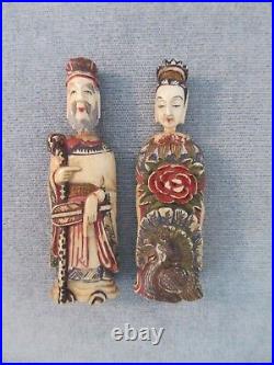 Pair vintage antique figural CARVED SNUFF BOTTLES JAPAN man and woman couple