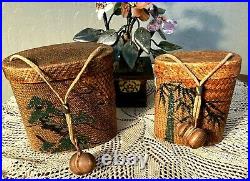 Pr. Japanese Woven Bamboo Hand Painted Tonkotsu Tobacco Boxes 1950's Vintage