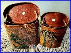 Pr. Japanese Woven Bamboo Hand Painted Tonkotsu Tobacco Boxes 1950's Vintage