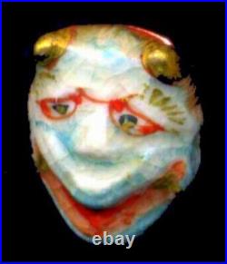 Rare Demon Noh Mask Hannya Antique Satsuma Porcelain Button 3-D Handmade