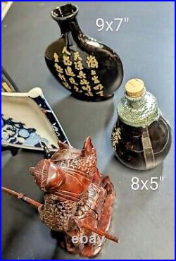 Rare antique lot Japan Samurai Asian vintage Wood Carved Vase Imari Plate Kutani