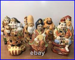 SEVEN LUCKY GODS KUTANI Ware Pottery Statue Set Japanese Vintage Figurine Figure