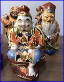 SEVEN LUCKY GODS KUTANI Ware Pottery Statue Set Japanese Vintage Figurine Figure