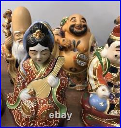 SEVEN LUCKY GODS KUTANI Ware Pottery Statue Set Japanese Vintage Figurine Figure