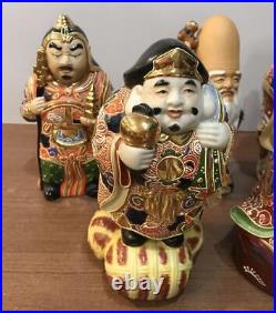 SEVEN LUCKY GODS KUTANI Ware Pottery Statue Set Japanese Vintage Figurine Figure