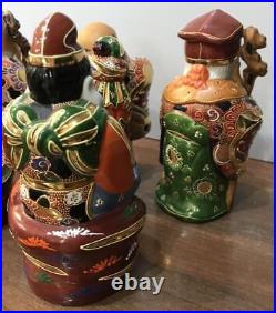 SEVEN LUCKY GODS KUTANI Ware Pottery Statue Set Japanese Vintage Figurine Figure