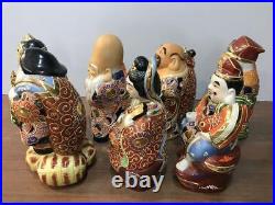 SEVEN LUCKY GODS KUTANI Ware Pottery Statue Set Japanese Vintage Figurine Figure