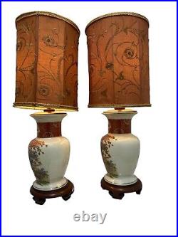 Set Of 2 Vintage Lamp Oriental Japan Blue Pink Gold Bird 28 Vase Light